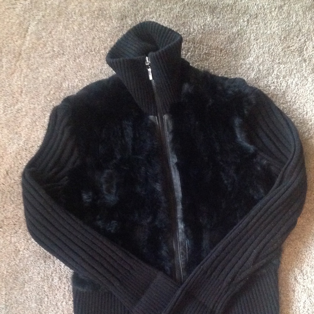 Black Rabbit Fur Sweater / zip up jacket
